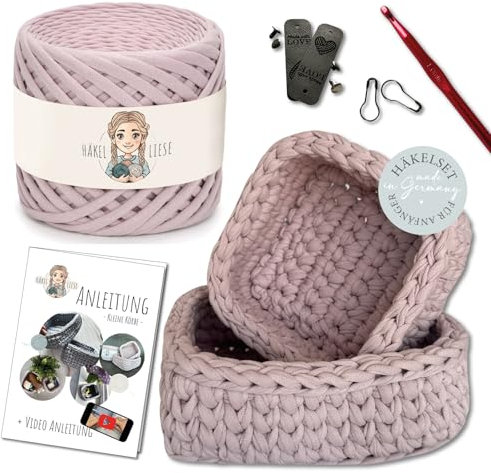HÄKEL LIESE Häkelset für Anfänger - Kleiner Korb, Textilgarn, Crochet Set, DIY Set für Erwachsene, Körbe Häkeln Lernen (Rosa)