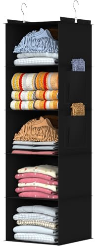 Newthinking Hanging Wardrobe Storage Organiser, Hanging Storage Shelves with 5 Tier Shelf, Space-Saving, Metal Hooks, Foldable Hanging Closet Organizer for Closet, RV, Garment Rack