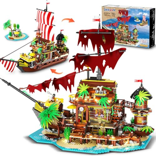 INSOON Piraten Schiffswrack Haus Mini Baukasten mit LED, 2 in 1 Piratenschiff Bauklotz 1854 Stück, Schiffswrack Modell Heimdekor Piratenschiff Spielzeug Geschenk für Erwachsene Kinder Jungen ab 10-12+