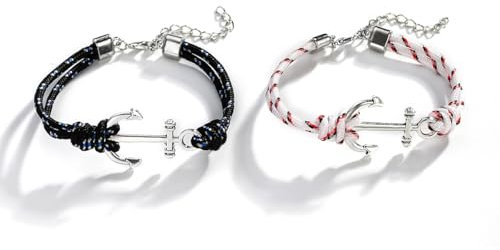 Set di 2 pezzi bracciale da uomo donna con ancora in acciaio inossidabile e corda, chiusura a gancio, Dimensione regolabile, Bracciale vintage e personalizzato, Regalo per fidanzati,compleanno,Natale