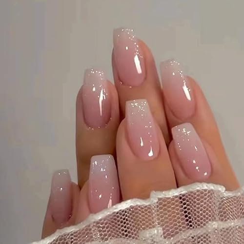 Lot de 24 faux ongles press on nails, en forme de cercueil, pailletés, rose ombré, à coller, faux ongles adhésifs, faux ongles, en forme de cercueil, paillettes, accessoires d'ongles pour femme
