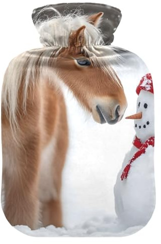 Wärmflasche mit niedlichem Schneemann und Pferd, für den Winter, Weiß, Wärmekissen für Fußbett, Wärmer zur Schmerzlinderung, 2 Liter
