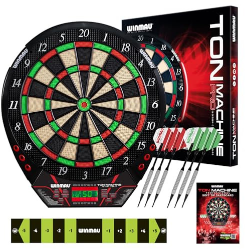 Winmau Elektronische Dartscheibe - Ton Machine Soft Tip Elektronische Dartscheibe, E Dartscheiben-Set mit 90+ Spielen & Digitaler Anzeigetafel für 8 Spieler - 2x Darts, Wurfleine, 10x Kunststoffspitze