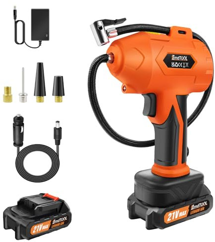Tyre Inflator Cordless Air Compressor, 21V Rechargeable Battery Powered 180PSI Portable Handheld Car Tyre Pump with 12V Power Adapter Digital Pressure Gauge for Cars Motorcycles, Orange