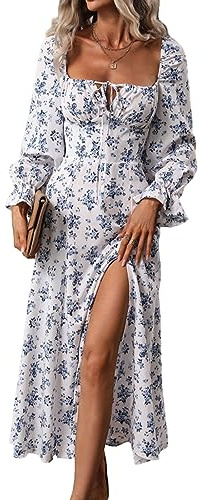 FeMereina Women's Floral Print Puff Long Sleeve Maxi Dress Sexy Square Neck Tie Front Ruffle Hem Split A-line Beach Dresses