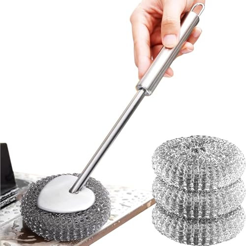 Topfreiniger mit Langem Griff aus Edelstahl, Langer Griff Reinigen von Geschirr rutschfeste Bürste, Schwämme für Geschirr, Pfannen, Töpfe （1 Spülbürste + 3 Stahlwolle）