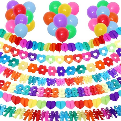 Bunt Girlande Geburtstag Papier Deko - 35 Stück Regenbogen Luftballons und Garland, Latex Ballons Hängenden Dekoration für Geburtstags Party Hochzeit Fasching Karneval