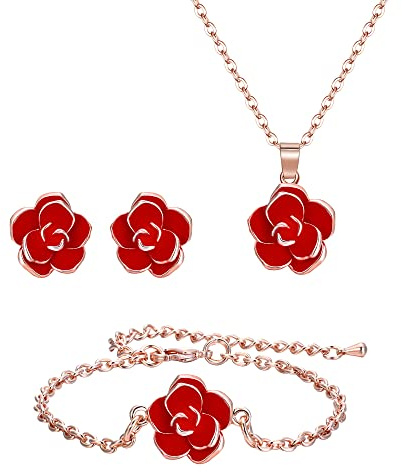 EleQueen Rose Blume Halskette Ohrringe Armband Set, Elegantes edles Schmuck-Sets, Geschenke für Frauen, Rot Roségold-Ton