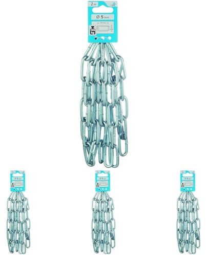 Dörner + Helmer Rundstahlkette, 5mm Dicke, 2m Länge, Verzinkter Stahl, Langgliedrig, 125kg Tragkraft, Silber (Packung mit 4)