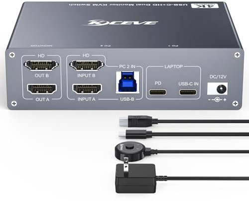 USB C HDMI KVM Switch for 1 Desktop+1 Laptop, Dual Monitor KVM Switch 4K@60Hz Support PD with USB C Cable, Wired Controller and Power Adapter