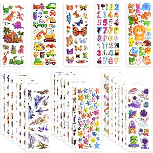 Meafeng 3D Aufkleber für Kinder, 28 Blätter Verschiedene Geschwollene Aufkleber, Geschwollen Stickers, Tiere, Buchstaben, Früchte, Herzen, Fische, Weltraum, Bagger, Autos