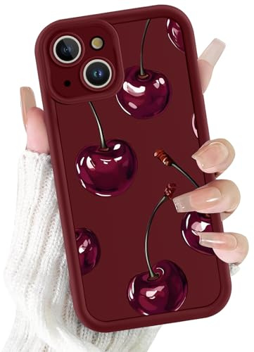 Coalbooliy Handyhülle für iPhone 15 hülle 6,1”, Aesthetic Sommer Kirsche Muster Design Weinrot Matte Cute Mädchen Frauen Schutzhülle Silikon Dünn TPU Case Stoßfest Kameraschutz Bumper Cover, 02