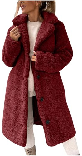 EMATOP Lang Teddyjacke Damen Warm Elegant Wintermantel Flauschig Bequem Fleecejacke Winter Einfarbige Teddy Jacke Mode Revers Winterjacke Lässige Langarm Plüschjacke Winddicht Outdoorjacke