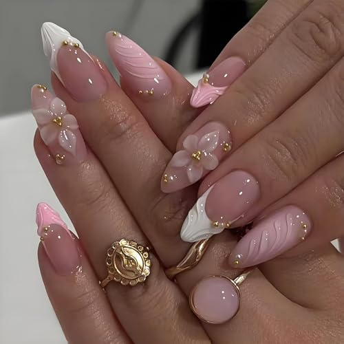 Aribliseza Press On Nails, 24 Pieces Stick On Nails & Medium French Tip Fake Nails, Pink Almond with Embossed Flower & Gold Bead Designs, Shiny Reusable False Nails for Women