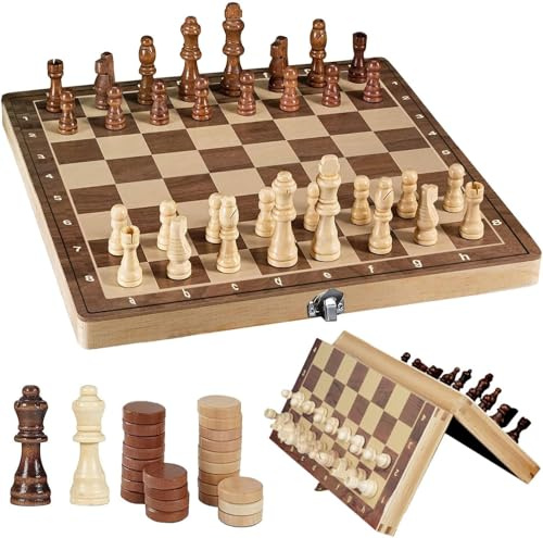 34cm Schachspiel Magnetisch Holz,Schachspiel Holz Magnetisch,Schachspiel aus Holz,Backgammon,3 in 1 Schachspiel Holz Hochwertig,Schach,Klappbar für Erwachsene Party Reisen