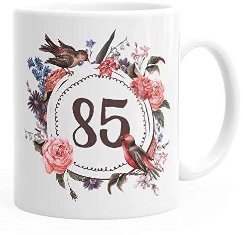 MoonWorks Geburtstags-Tasse 85 fünfundachzig Geschenk-Tasse Kaffee-Tasse Blumen Blüten Blumenkranz weiß Unisize