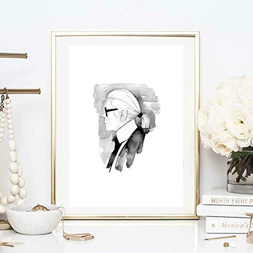 Din A4 Kunstdruck ohne Rahmen - Karl Lagerfeld Portrait Profil Designer Schwarz Weiß Aquarell Geschenk Druck Poster Bild