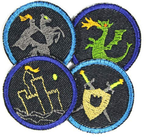 Bügelbilder Ritter Drachen Schwert Burg 4 Flicken ø 5cm Aufbügler kleine Bügelflicken rund Bio Jeansflicken Patches Hosenflicken zum aufbügeln