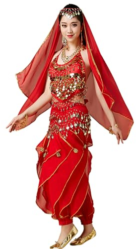 Wuchieal Bauchtanz Kostüm 4 Teile Oberteil Hose Hüftschal Schleier für Damen (Rot, One size)