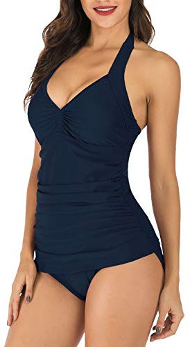 Mingnos Halfter Tankini Sets für Damen Bauchweg Bademode V-Ausschnitt Badeoberteile Slim Ruched Zweiteilige Badeanzüge (Marineblau, L)