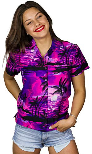 King Kameha Funky-Hawaii-Bluse-Hemd, Damen, Kurzarm, Surf, Pink-Violett, M