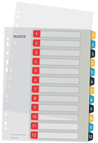 Leitz PC-beschriftbares Register in A4 Format, 1-12, Robust, Mehrfarbig, Cosy-Serie, 12480000