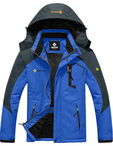 GEMYSE Herren Wasserdichte Berg-Skijacke Winddichte Fleece Outdoor-Winterjacke mit Kapuze (Blaue Grau,XL)