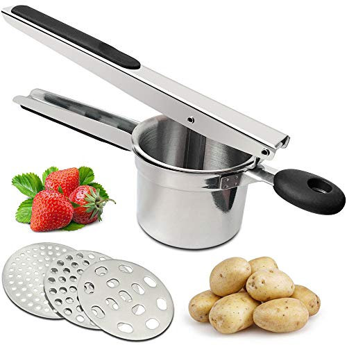 CHIVIOR Kartoffelpresse aus Edelstahl mit 3 austauschbaren Scheiben, weicher Silikongriff, für Obst, Marmelade, Babynahrung, Stampfer K20-4