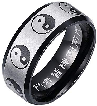 PAURO Herren Edelstahl 8MM Jahrgang Chinesische Schriftzeichen Religion Tai Chiba Hängenden Yin Yang Ring Größe 62 (19.7)