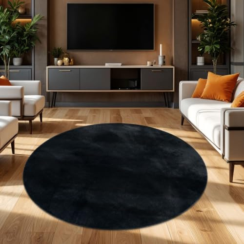 TT Home Wohnzimmer Teppich Hochflor Langflor Kunstfell Weich Modern Unifarben Flauschig, Farbe: Schwarz, Größe:200 cm Rund