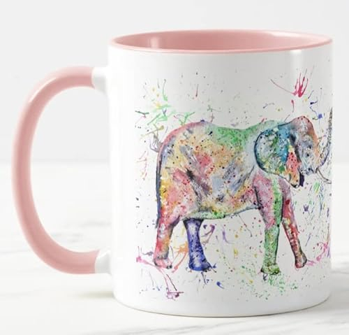 Vixar Elephant Wild Animal Watercolour Art Coloured Mug Cup Gift Birthday Work Office Christmas Tea Coffee (Pink)