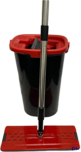 Flat Head Microfibre Mop and Bucket Set with Stainless Steel handle, Innovative Twin Chamber Bucket for WET & DRY use. Compact for an Easy Storage Solution, Suitable for all Floor Types (Black)