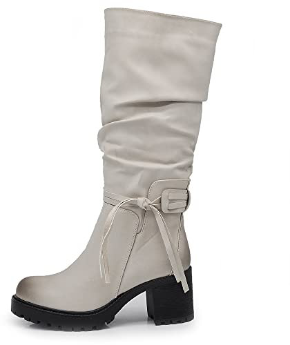 IF FASHION Stivali Arricciati Al Polpaccio da Donna In Pelle Sintetica Con Tacco Grosso Plateau Frange 6641 bianco sporco N.38