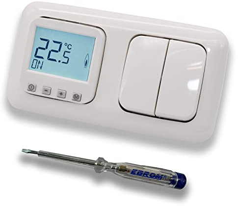 Halmburger Raumthermostat Raumtemperaturregler ERD-1Urg DIGITAL in Busch Jäger Reflex SI alpinweiß mit Serienschalter 2000/US + EBROM Phasenprüfer zur Montage der Geräte ERD-1U (rg) Fußbodenheizung