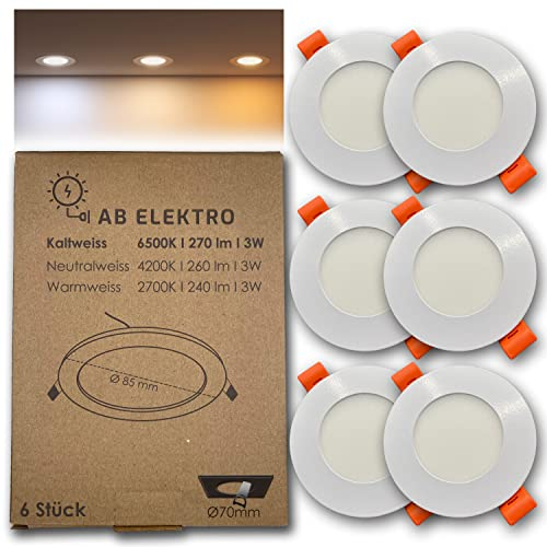 AB Elektro LED Deckenleuchte flach rund 6er Set I 3W LED Einbaustrahler 12V Kaltweiß I LED Panel Deckenleuchte I LED Einbauleuchte Set mit Trafo