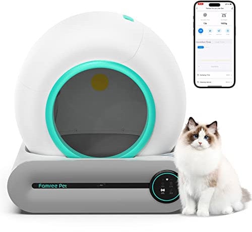 Famree Pet selbstreinigende katzentoilette - katzenklo mit APP-Kontrolle & 65L+9L Große Kapazität Smart Health Monitor, kompatibel Allen Katzenrassen, Grün