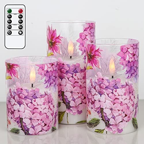 Eldnacele Pink Hydrangea Glass LED Candles Flickering with Remote, Flameless Battery Candles Flickering for Home Wedding Decoration(3 x 4,5,6 Inches)