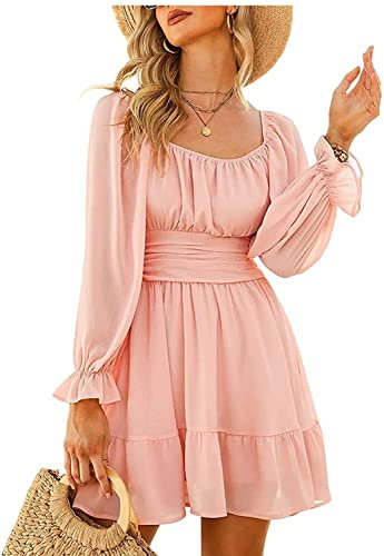 Robe d'été 3/4 Manches Lanternes Robe de Plage Dos à Lacets Dos Nue Robe Vintage à Volants Jupe Trapèze (M, V-Manche Rose)
