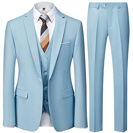 UNINUKOO Herren-Anzüge, schmale Passform, 3-teilig, 1 Knopf, Hochzeit, formell, Business, Smoking, Anzugjacke, Hose, Weste, Hell, blau, 3XL