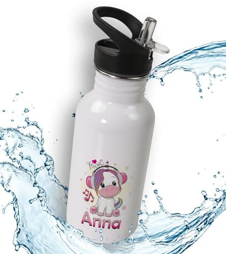timalo® Einhorn Trinkflasche für Kinder personalisiert mit Namen | auslaufsichere Edelstahl Sportflasche Kindergarten Geschenk für Mädchen 600mL | Einhorn 1