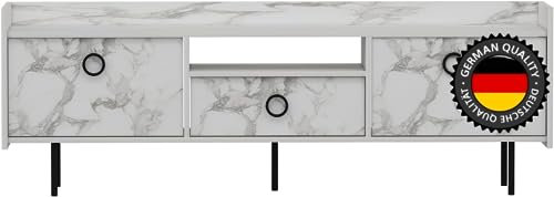 moebel17 TV-Schrank, Fernsehtisch,TV Lowboard,TV Tisch,Sideboard Büsra stehend, Weiß mit Marmor Optik, Holz, mit Türen viel Stauraum, für Wohnzimmer, Designerstück,184 x 63 x 37 cm, 9208