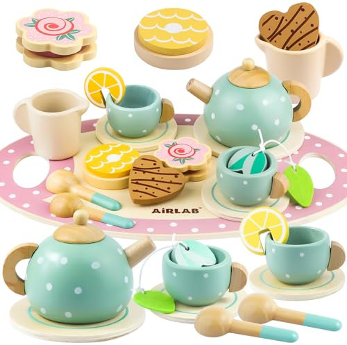 Airlab Wooden Tea Set Age 3+, Kids Tea Sets for Girls Baby, Tea Party Set for Children, Toddlers Pretend Role Play Kitchen Accessories Toys Food Gift Including Dessert Cookies Cake