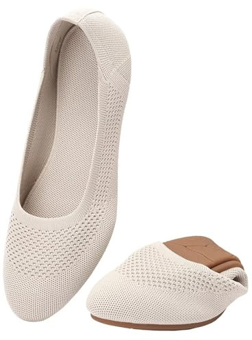 Puxowe Damen Ballerina Runde Zehe Stricken Flache Schuhe Komfort Weich Slip On Ballerina Walking Flats Schuhe für Frauen Niedriger Keil Lässig 37.5 EU Nude