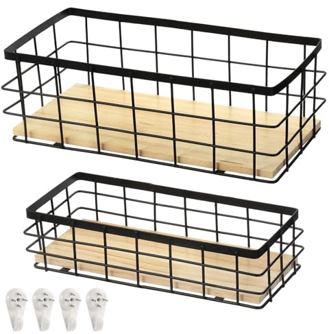 Dicunoy 2 Pack Wire Storage Basket, Narrow Bathroom Storage Baskets | 2 Size Metal Mesh Storage Container with Hooks, Farmhouse Kitchen Towel Basket, Organizing Caddy for Toilet, Pantry, RV