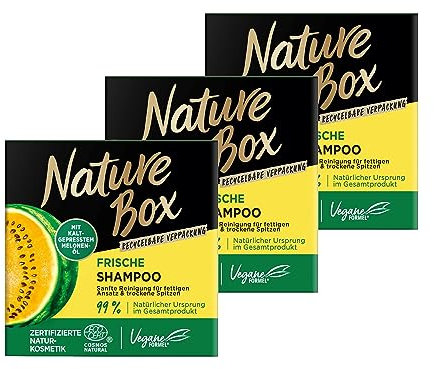 Nature Box festes Shampoo Frische (85 g), Haarshampoo mit kaltgepresstem Melonen-Öl für fettigen Ansatz & trockene Spitzen, Shampoo in recycelbarer Verpackung, 3x 85 g