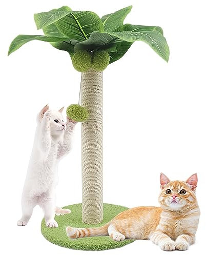 Poste rascador para Gatos de sisal Rascador para Gatos con 3 Bolas Colgantes interactivas Arbol para Gatos con Cuerda De Sisal, Hojas Artificiales y Base Premium para entretener a Tus Gatos (32CM)