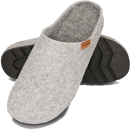 BeComfy Damen Herren Filz Hausshuhe mit Fußbett Unisex-Pantoffeln aus natürlichem Wollfilz Feste Sohle 36-46 EU (Grau, 38)