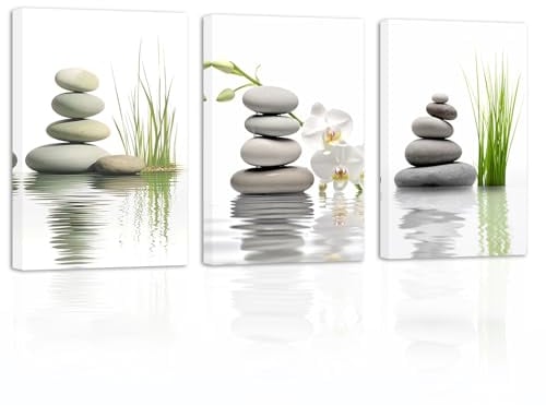 ZXHYWYM Badezimmerbilder 3 teilig Zen Steine weiße Orchidee auf Wasser Leinwanddrucke spirituelles entspannendes Bild für Büro Yoga Spa Meditationsraum (Bild-3, (28.00 x 35.00 cms x 3 Teilig))