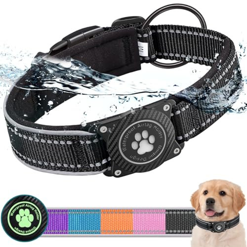 Ytanest Leuchtend AirTag Hundehalsband Halter 100% Wasserdicht Integriertes Apple Air Tag Reflektierend für mittlere große Hunde, Schwarz, XL