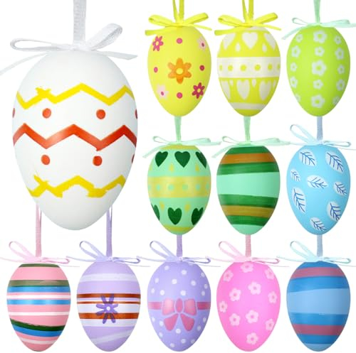 Ostereier zum Aufhängen, mehrfarbig, Kunststoff, Ostereier, Osterbaumschmuck für Osterbaumkorb, Basteln, Ostern, Partygeschenke, 12 Stück